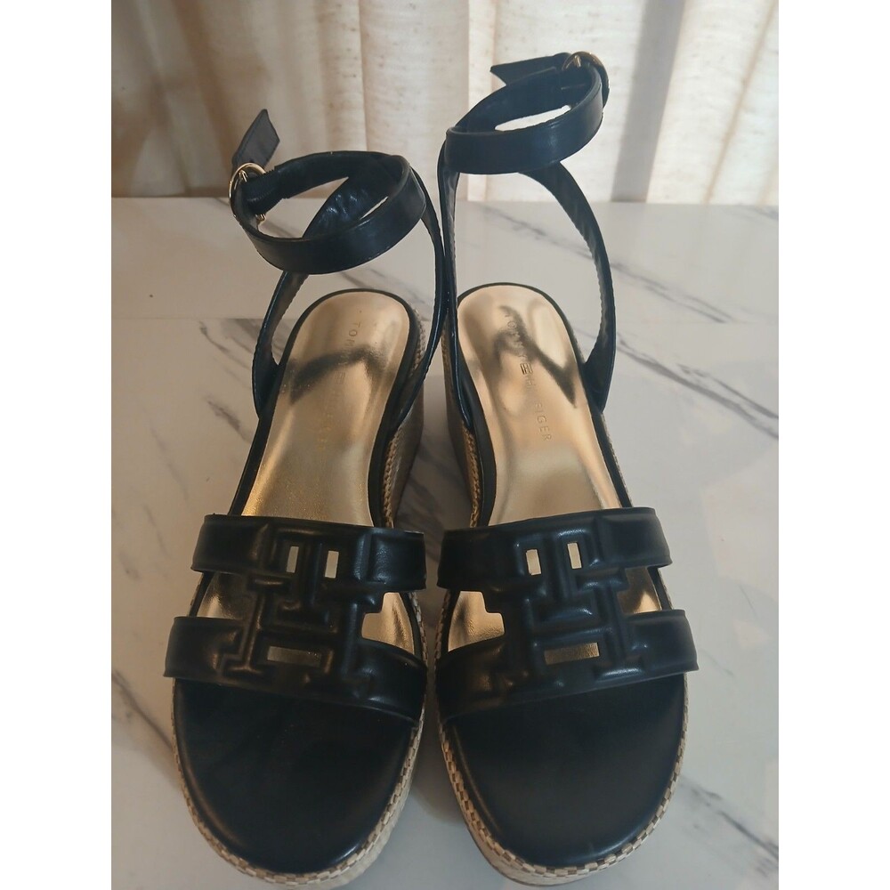 Tommy Hilfiger Vastie Raffia Platform Wedge Sandals Black Women US 8M